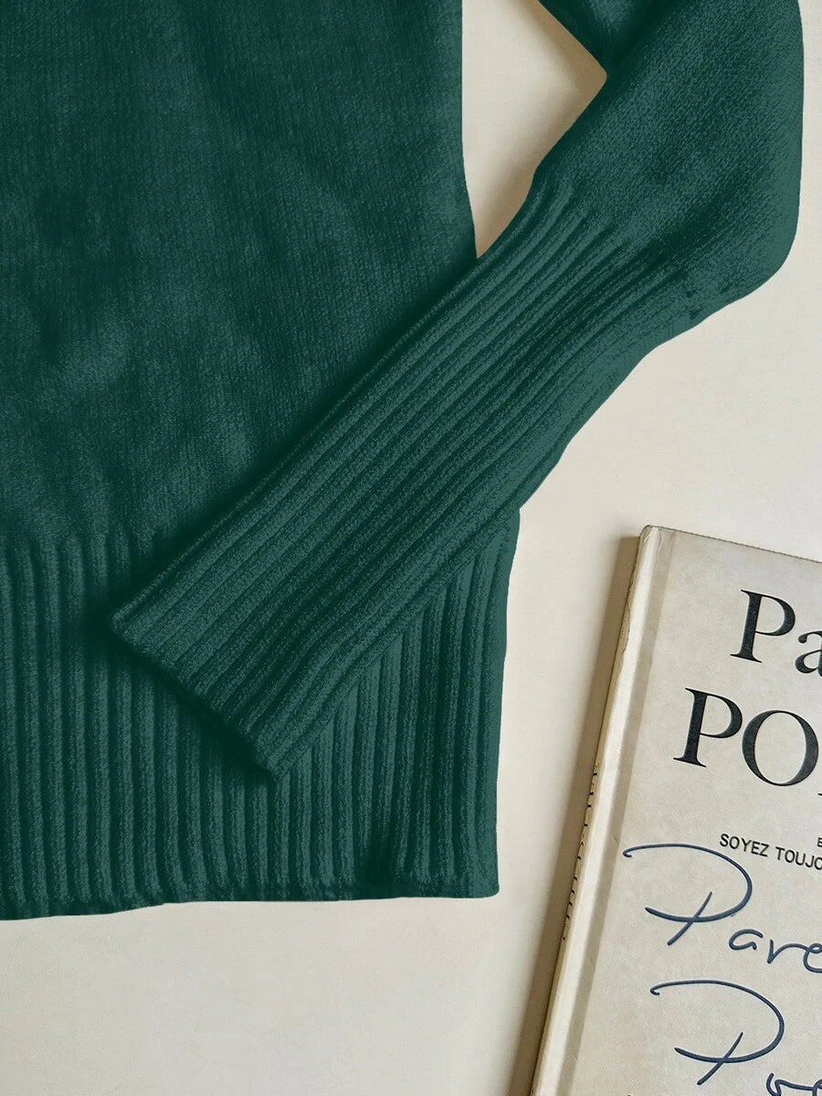 Fleece Lined Turtleneck Sweater Rib Knit Long Sleeve - Dark Green - photo 5