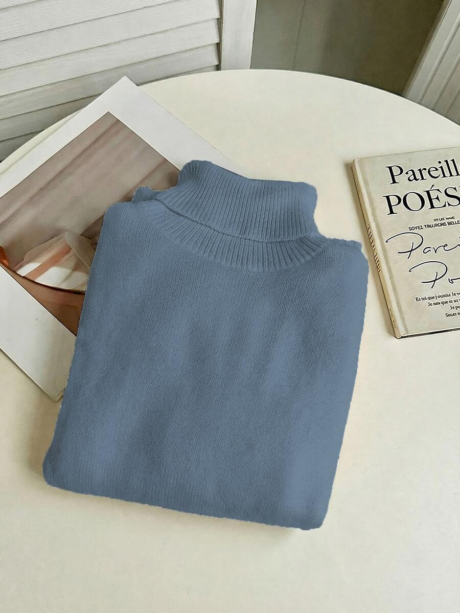 Fleece Lined Turtleneck Sweater Rib Knit Long Sleeve - Slate Blue - photo 5