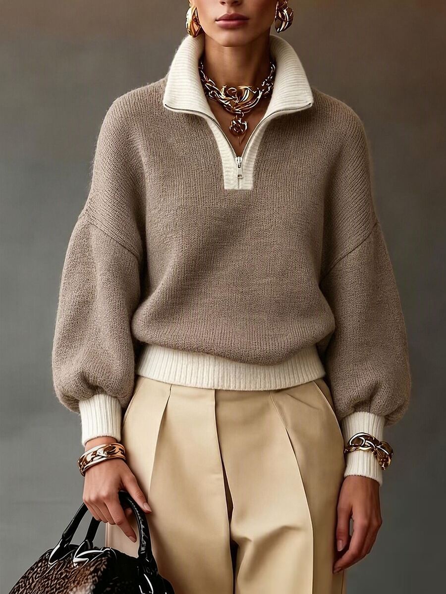 Drop Shoulder Contrast Collar Half Zip Sweater - Taupe