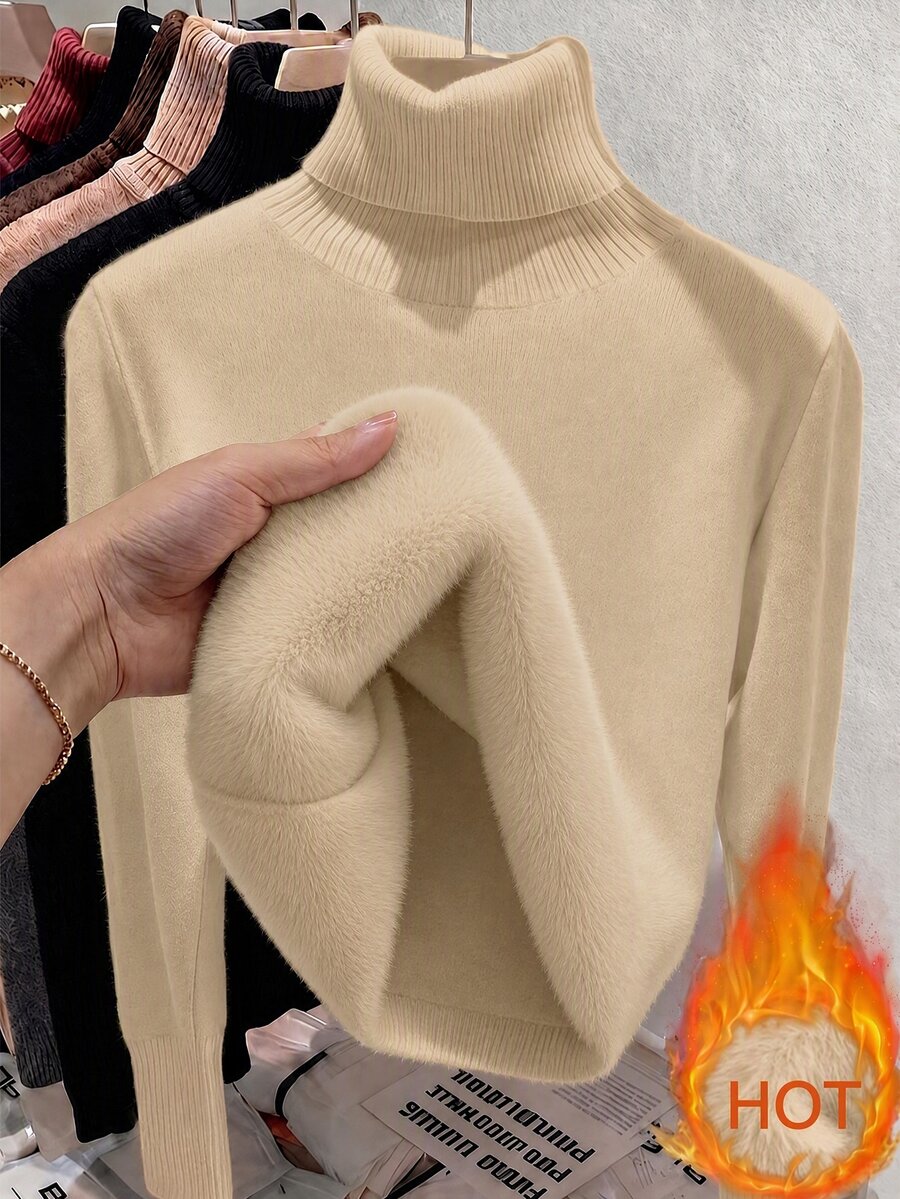 Women's Turtleneck Sweater Long Sleeve Rib Knit Slim Fit - Beige