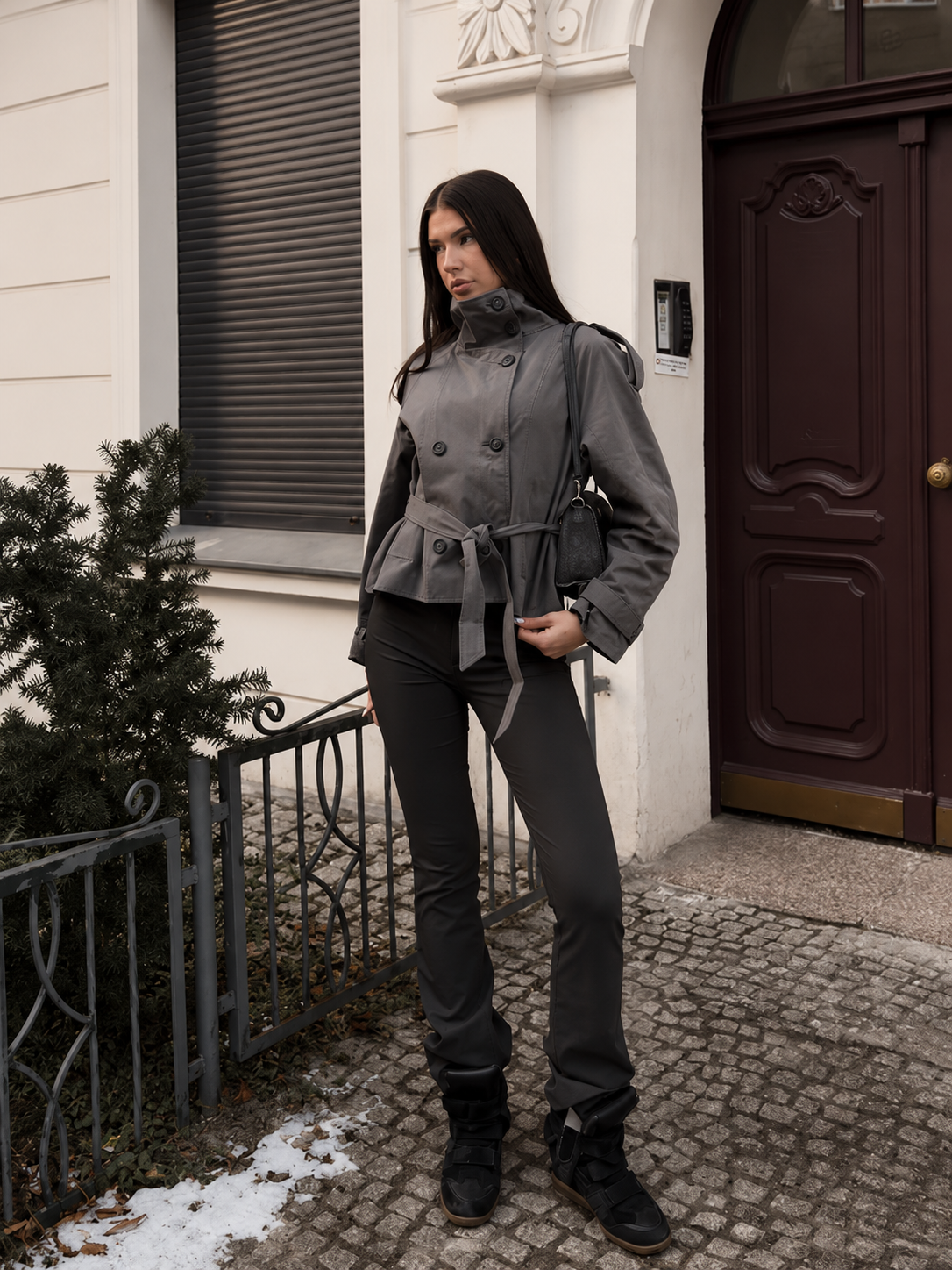 Women's Cropped Trench Jacket – Double Breasted Belted Jacket with Stand Collar – alternate view