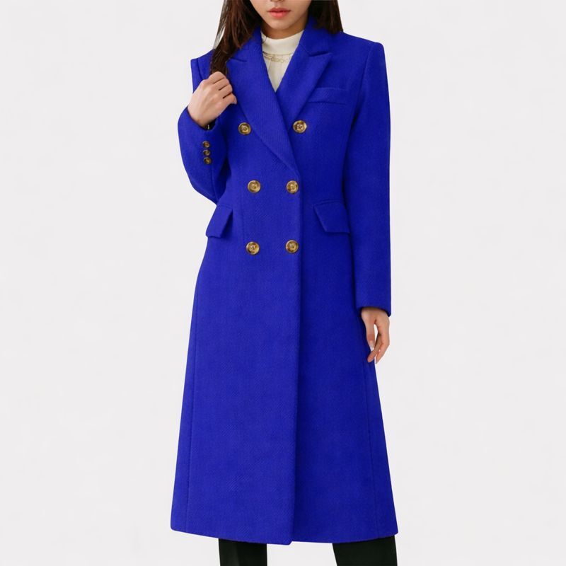 Women's Long Coat – Double Breasted Tailored Overcoat with Flap Pockets in Blue