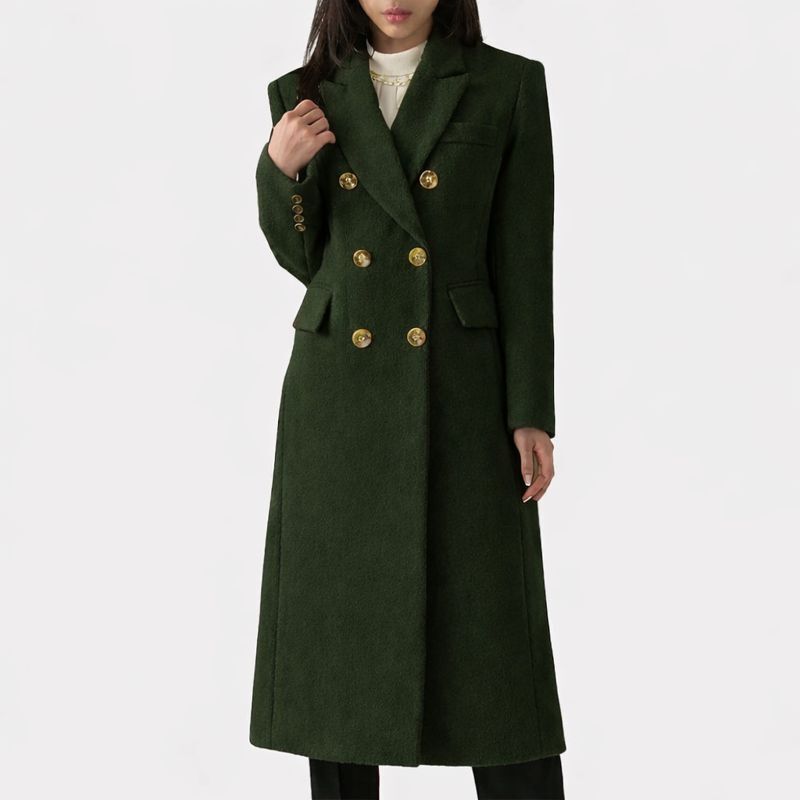 Women's Long Coat – Double Breasted Tailored Overcoat with Flap Pockets in Dark Green