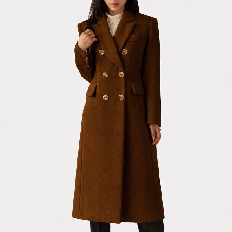 Women's Long Coat – Double Breasted Tailored Overcoat with Flap Pockets in Dark Brown