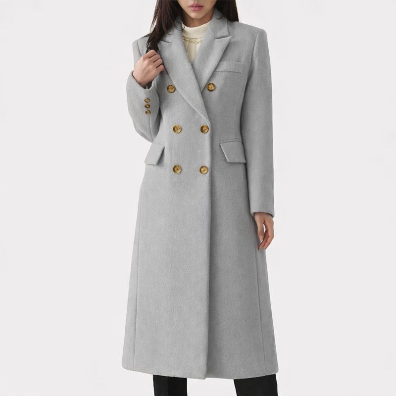 Women's Long Coat – Double Breasted Tailored Overcoat with Flap Pockets in Gray
