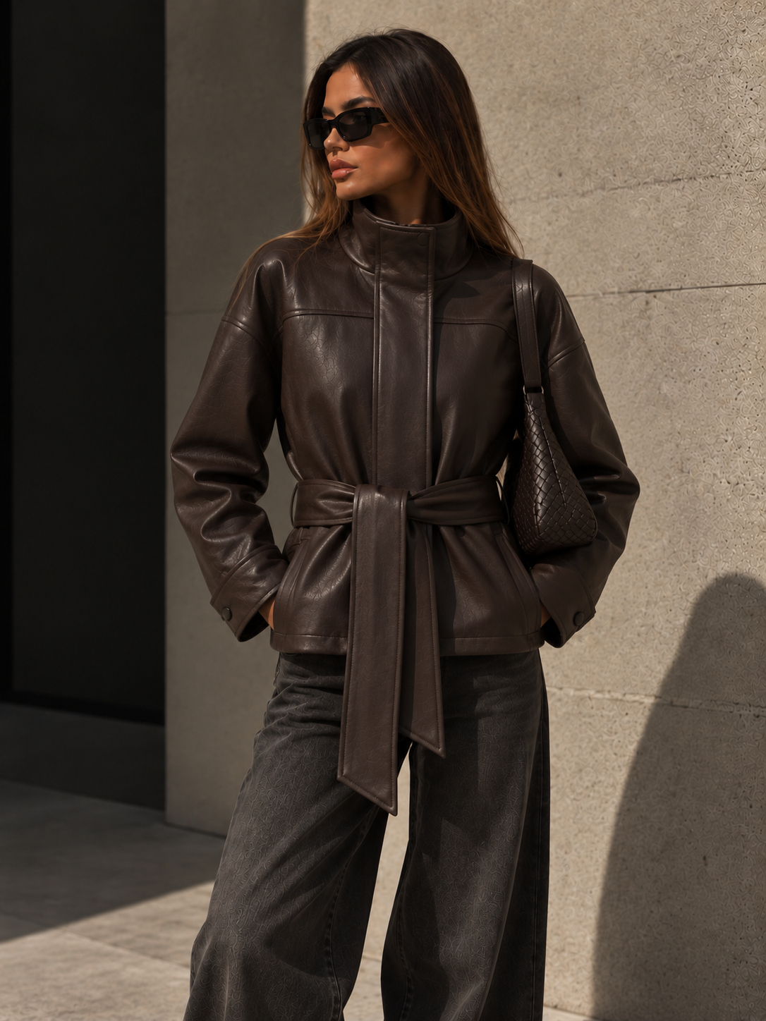 Women's Leather Jacket – Oversized Belted Leather Coat with Stand Collar in Dark Brown