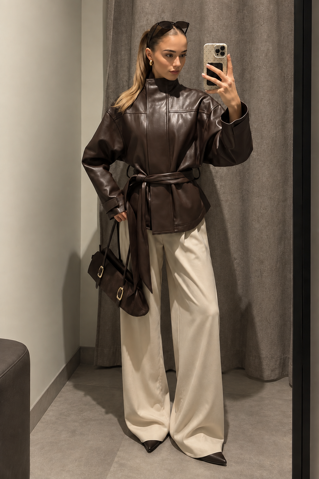 Women's Leather Jacket – Oversized Belted Leather Coat with Stand Collar – alternate view