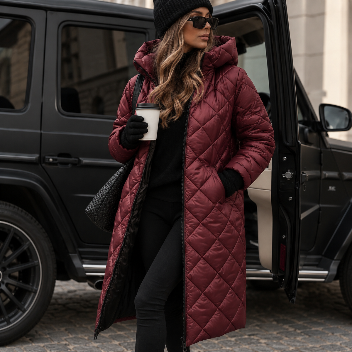 Women's Long Puffer Coat – Hooded Quilted Maxi Winter Coat in Red