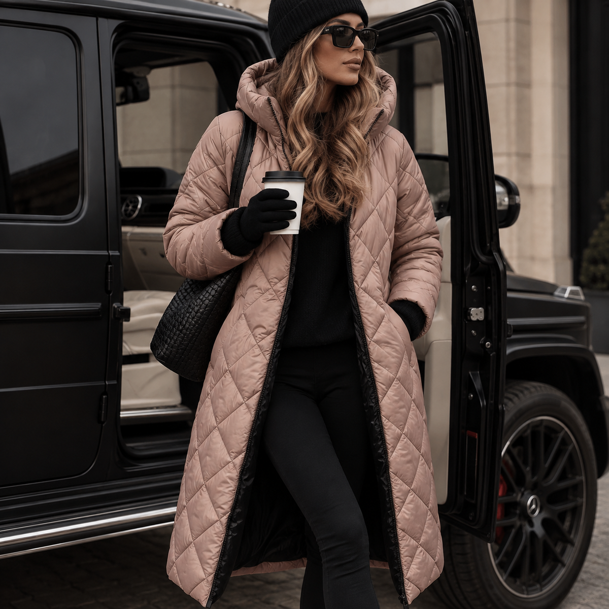Women's Long Puffer Coat – Hooded Quilted Maxi Winter Coat in Pink