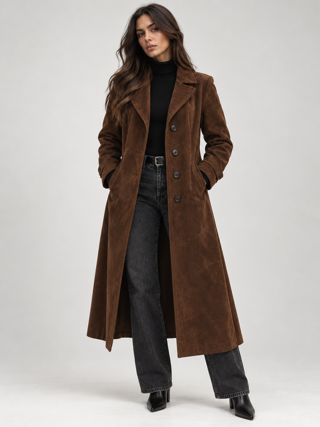 Women's Trench Coat – Long Faux Suede Belted Vintage Coat – alternate view