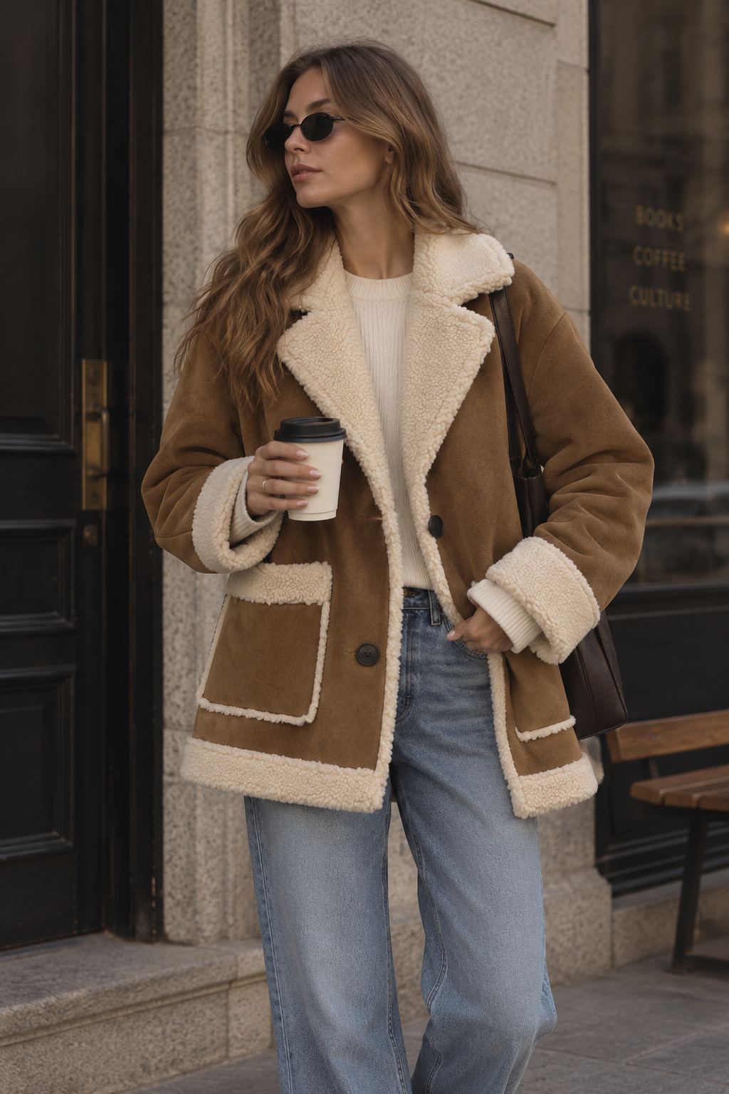 Women's Faux Shearling Jacket – Brown Aviator Coat with Contrast Panels in Brown