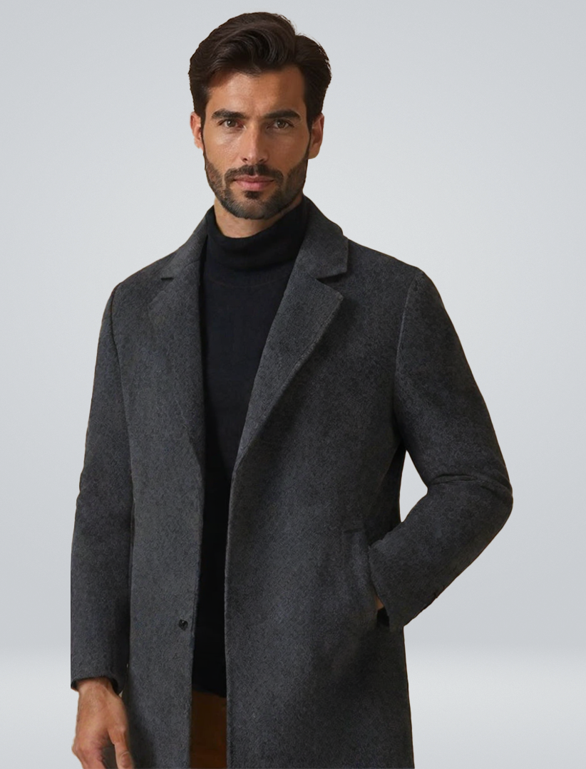 Men's Long Overcoat – Single Breasted Winter Coat with Notch Lapel