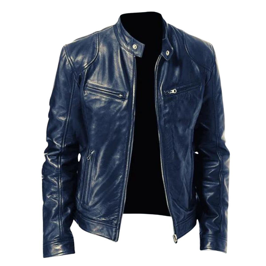 Men's Cafe Racer Leather Jacket – Slim Stand Collar Moto Jacket in Blue