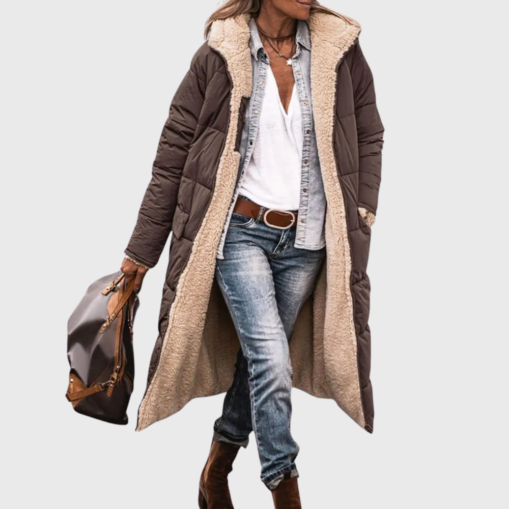 Women's Long Puffer Coat – Reversible Hooded Winter Parka in Brown