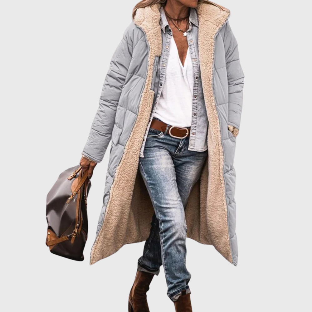Women's Long Puffer Coat – Reversible Hooded Winter Parka in Gray