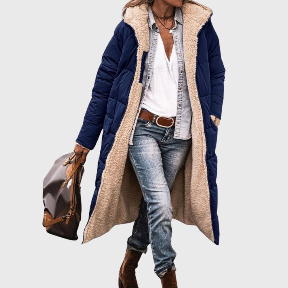 Women's Long Puffer Coat – Reversible Hooded Winter Parka in Navy