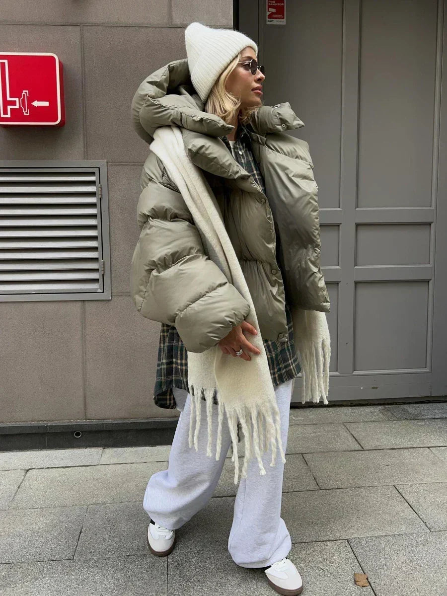 Women's Puffer Jacket – Oversized Glossy Quilted Coat with High Collar – alternate view