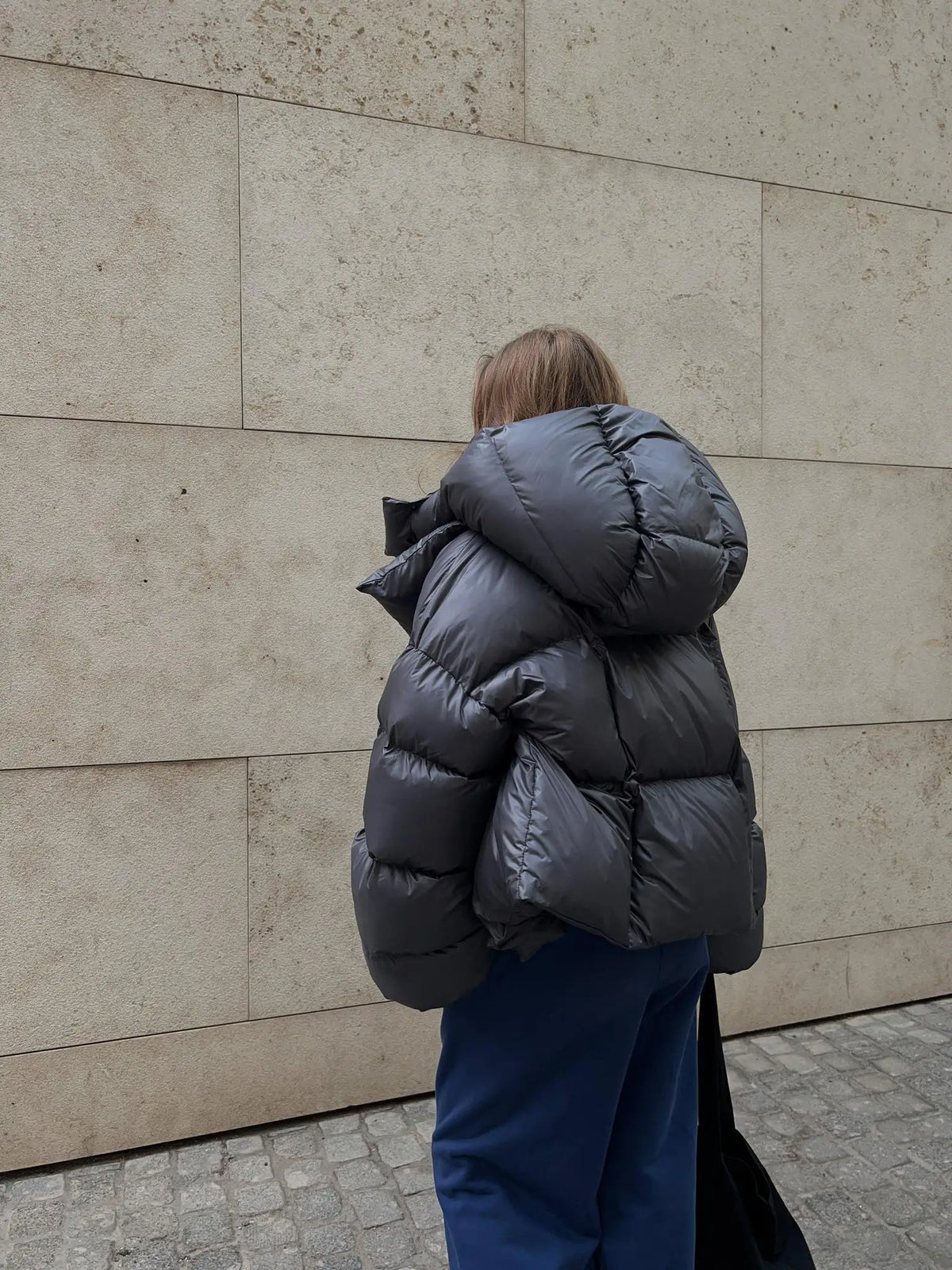 Women's Puffer Jacket – Oversized Glossy Quilted Coat with High Collar – alternate view