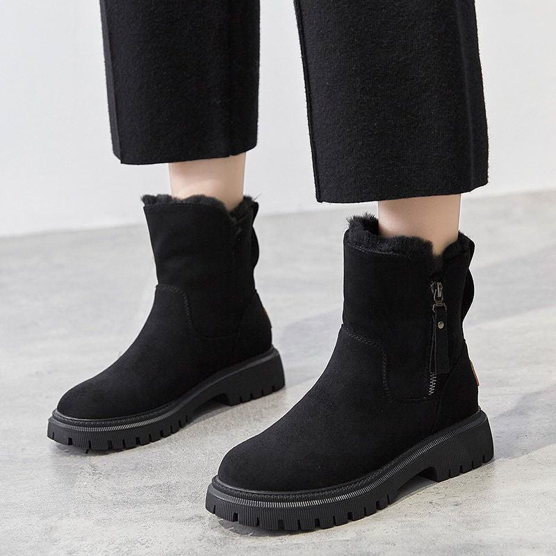 Women's Winter Ankle Boots – Plush Lined Booties with Side Zip & Lug Sole in Black
