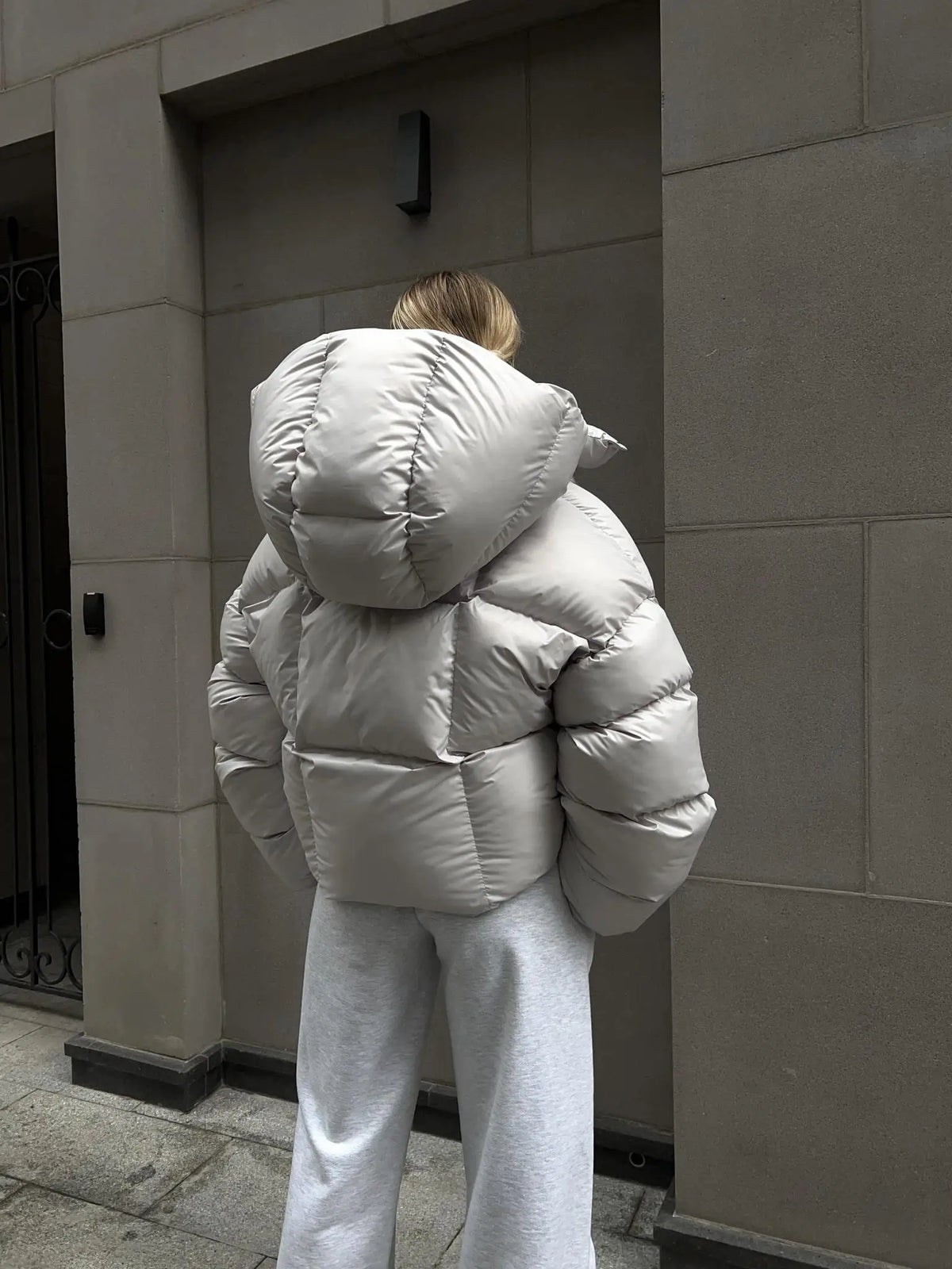 Women's Puffer Jacket – Oversized Glossy Quilted Coat with High Collar – alternate view