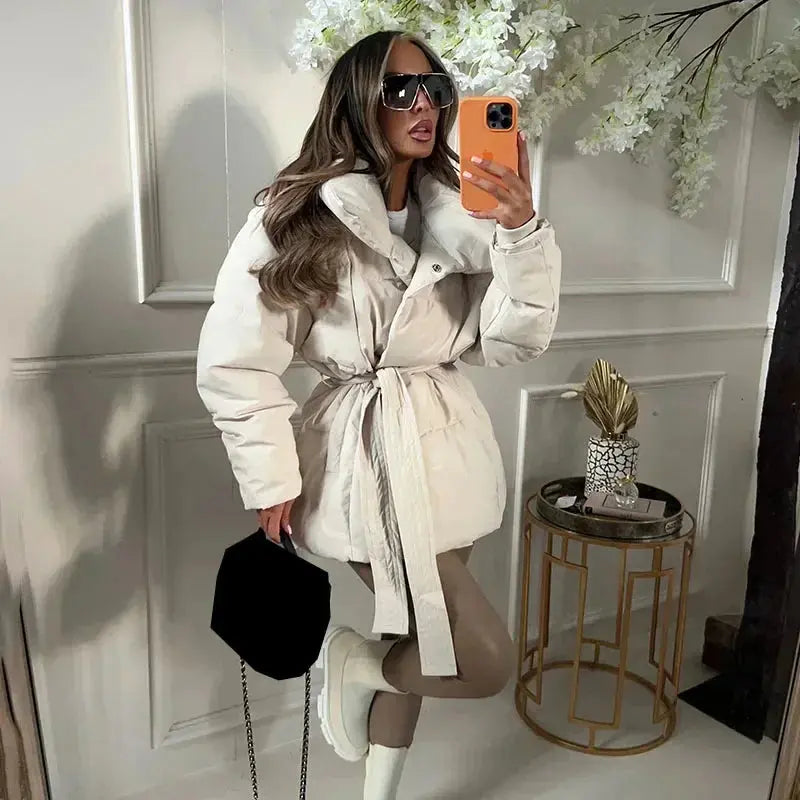 Women's Puffer Jacket – Belted Quilted Padded Winter Coat in Beige