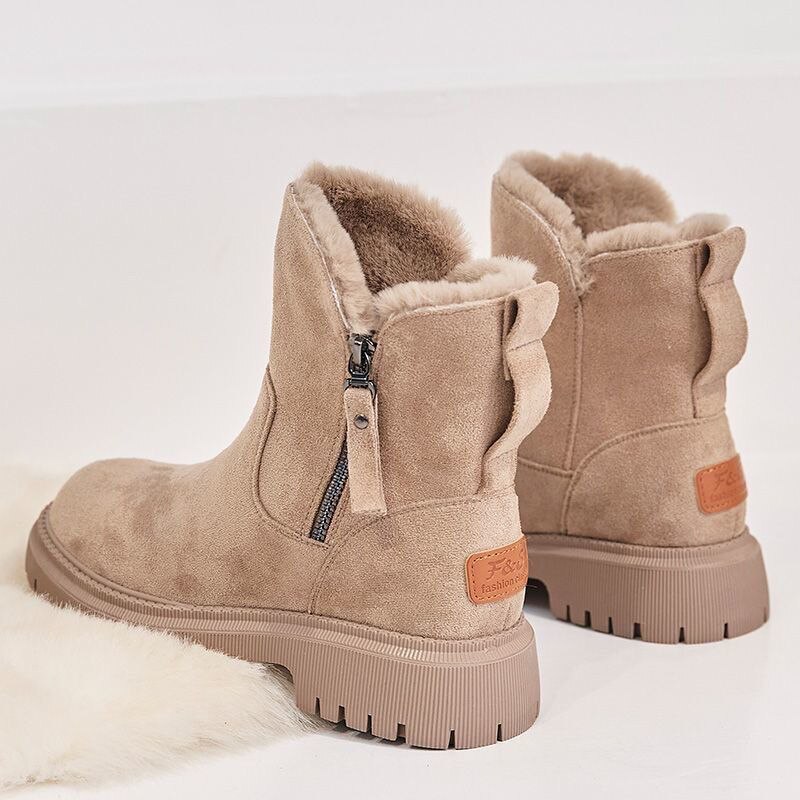 Women's Winter Ankle Boots – Plush Lined Booties with Side Zip & Lug Sole in Beige