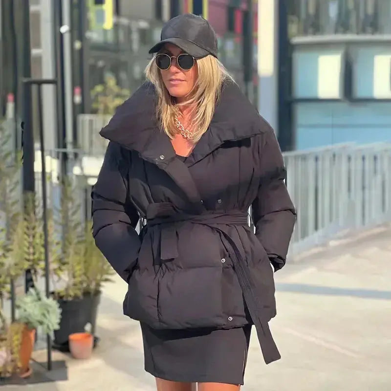 Women's Puffer Jacket – Belted Quilted Padded Winter Coat in Black