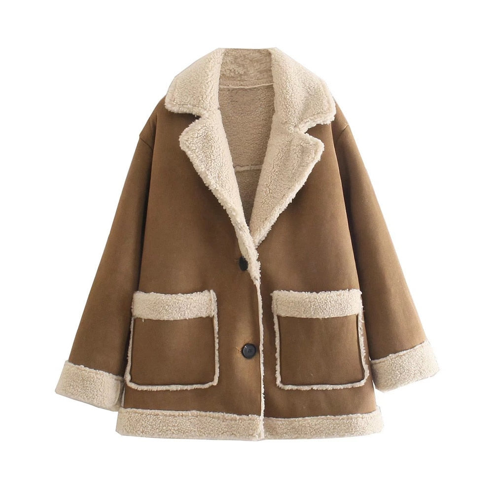 Women's Faux Shearling Jacket – Brown Aviator Coat with Contrast Panels – alternate view