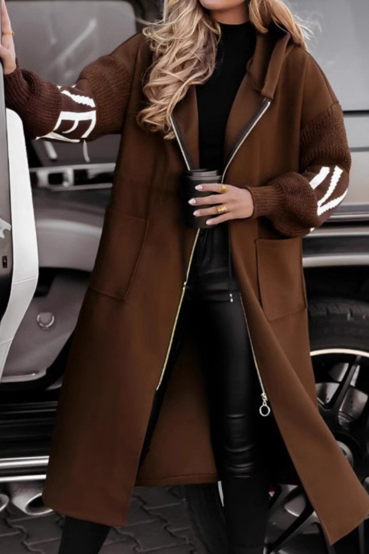Women's Long Hooded Coat – Zip-Up Casual Jacket with Knit Sleeves in Brown