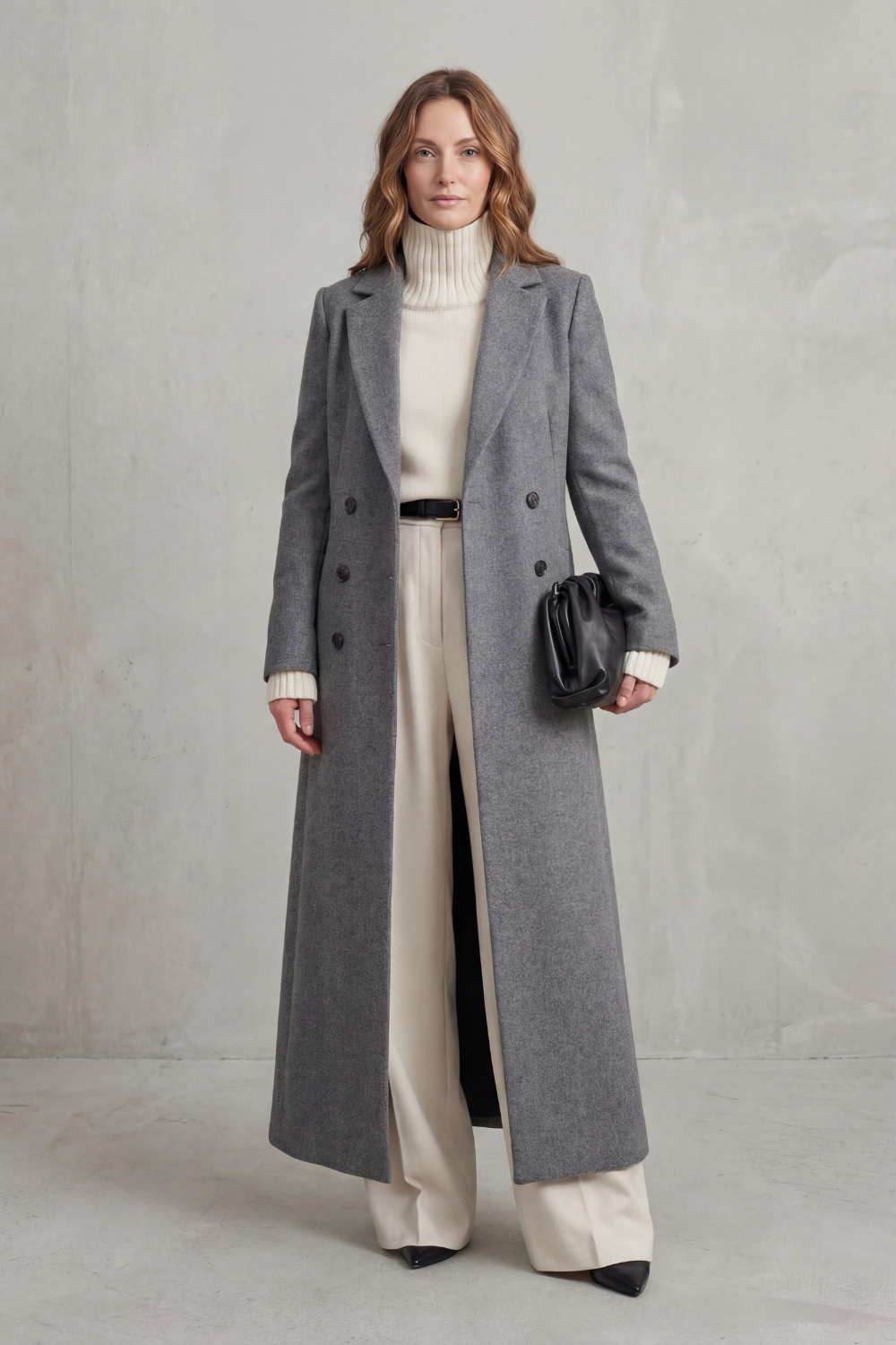 Women's Long Maxi Coat – Double Breasted A-Line Lightweight Coat in Gray