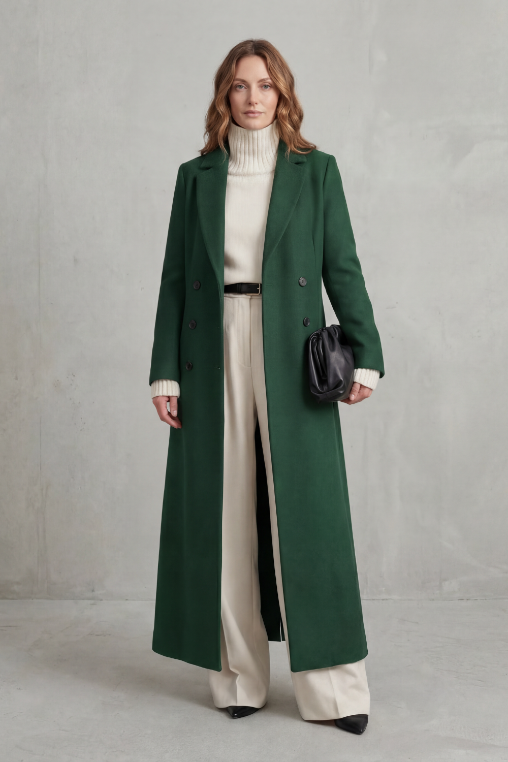 Women's Long Maxi Coat – Double Breasted A-Line Lightweight Coat in Green