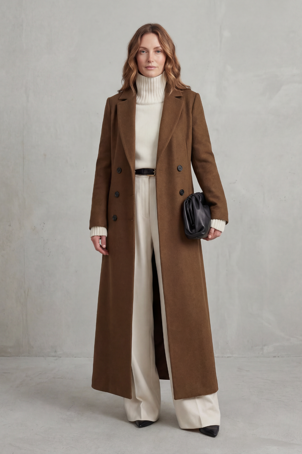 Women's Long Maxi Coat – Double Breasted A-Line Lightweight Coat in Brown