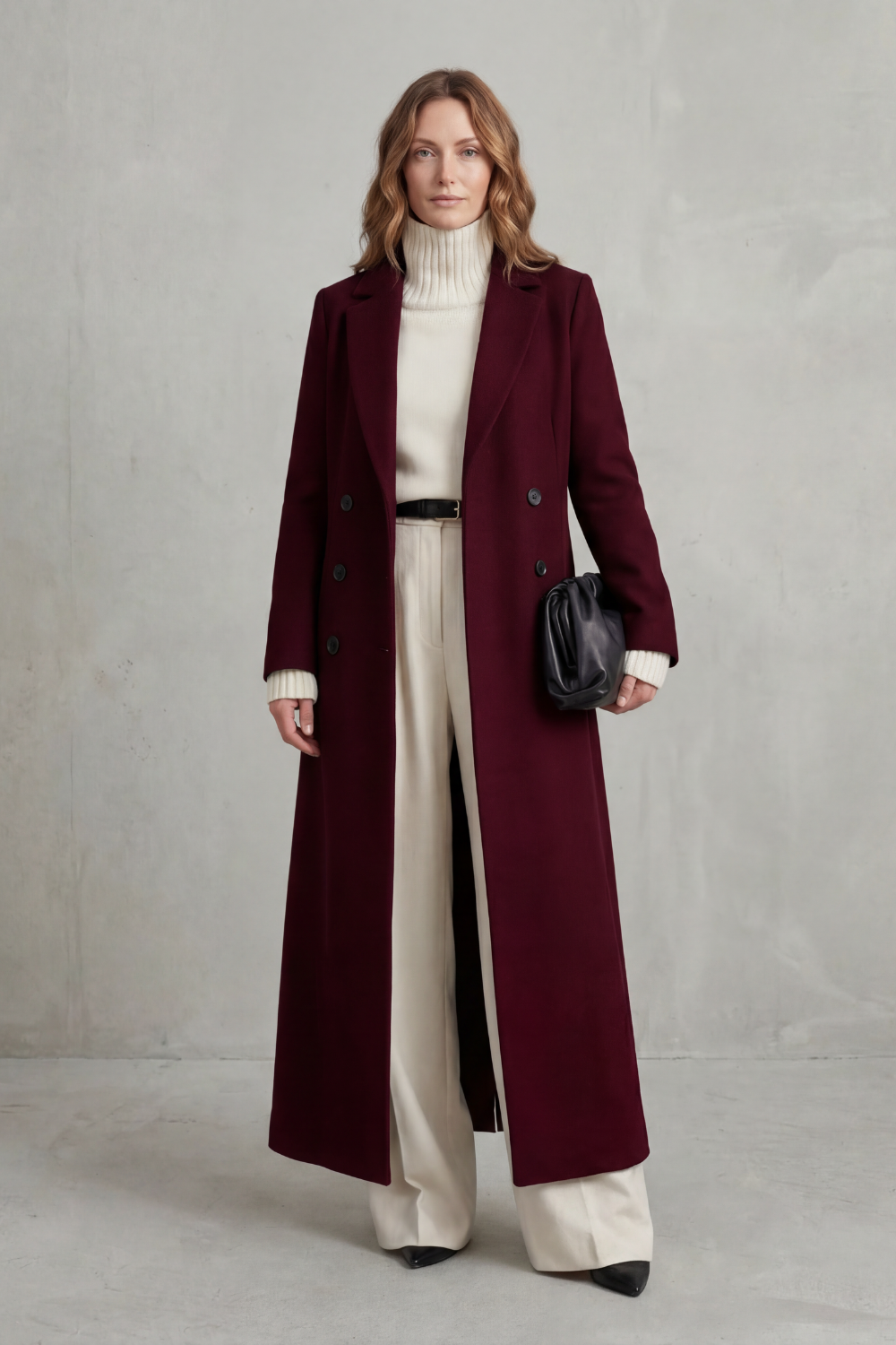 Women's Long Maxi Coat – Double Breasted A-Line Lightweight Coat in Wine Red
