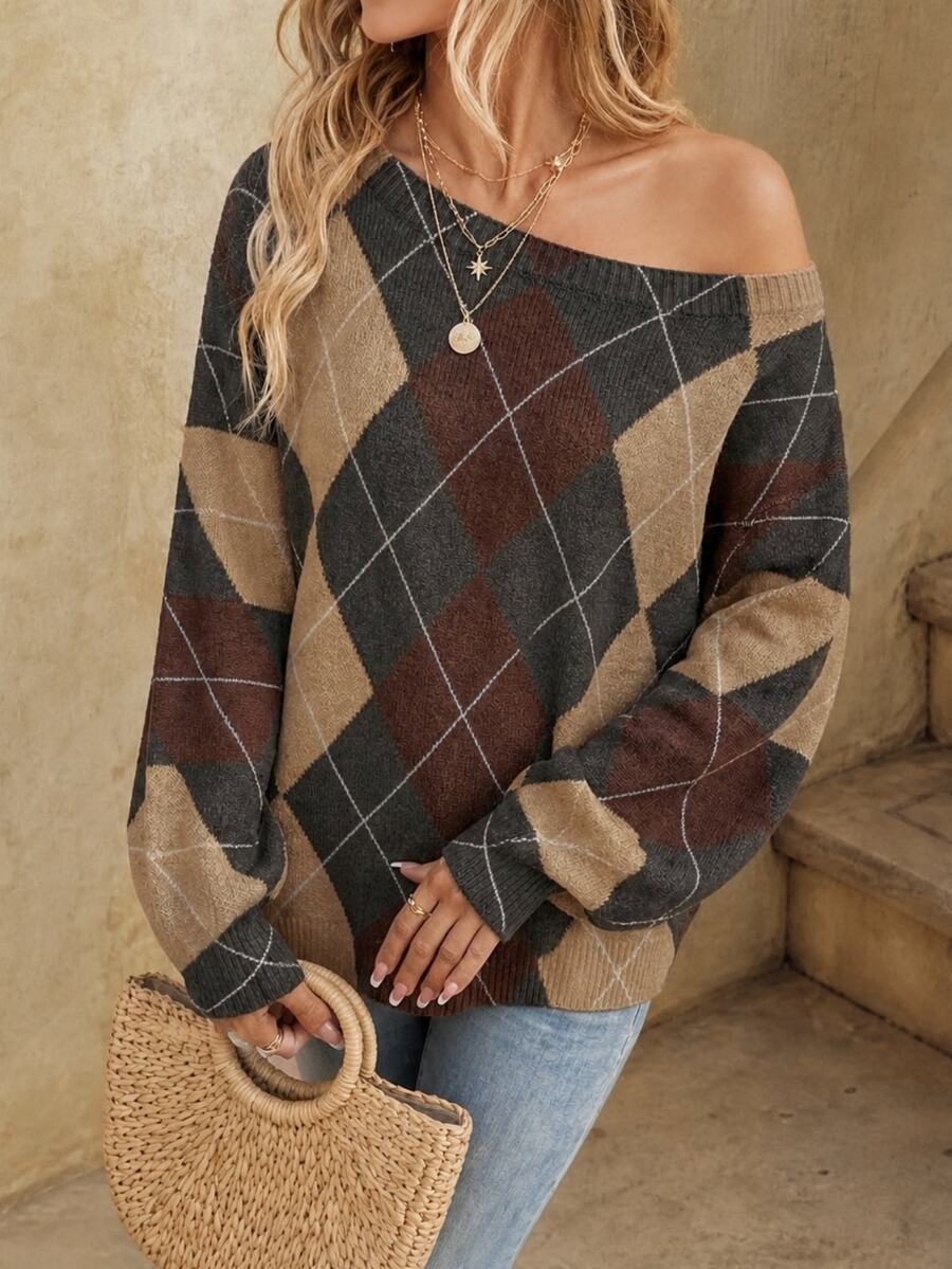 Off Shoulder Sweater Long Sleeve Pullover - Brown and Tan - photo 5