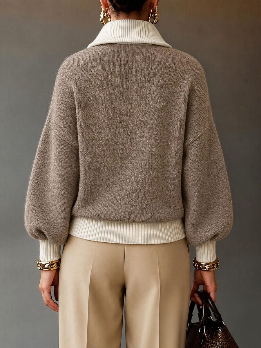 Drop Shoulder Contrast Collar Half Zip Sweater - Taupe - photo 2