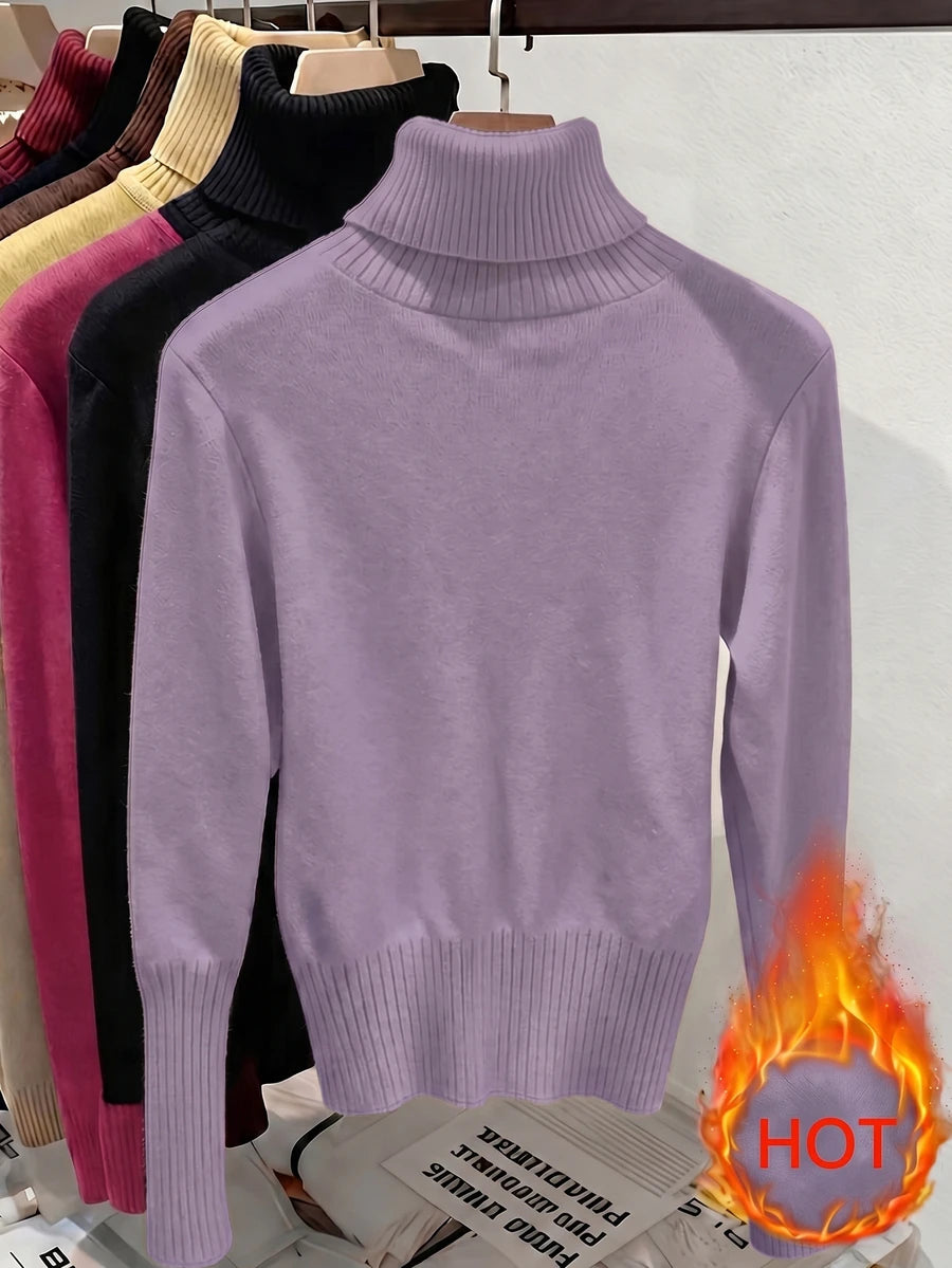Fleece Lined Turtleneck Sweater Rib Knit Long Sleeve - Lilac - photo 2