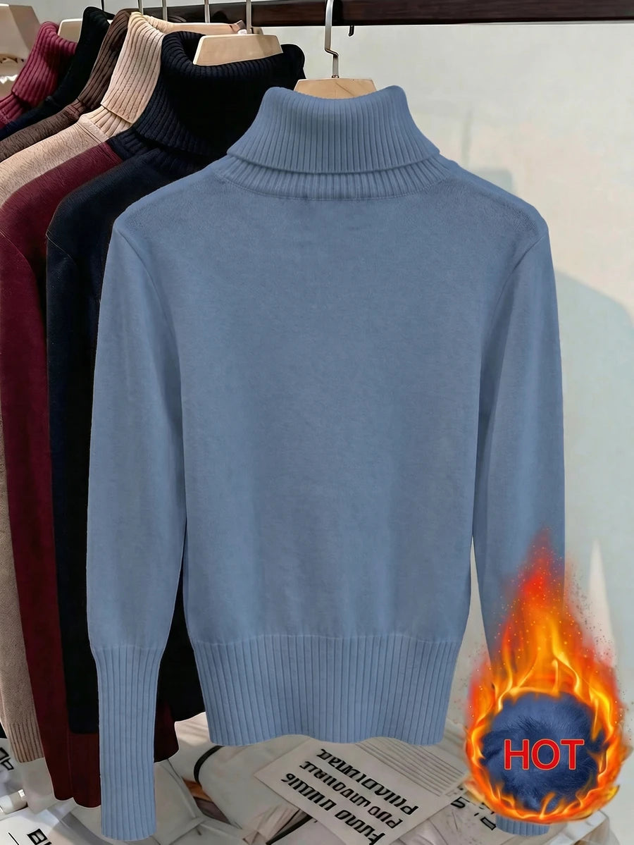 Fleece Lined Turtleneck Sweater Rib Knit Long Sleeve - Slate Blue - photo 2