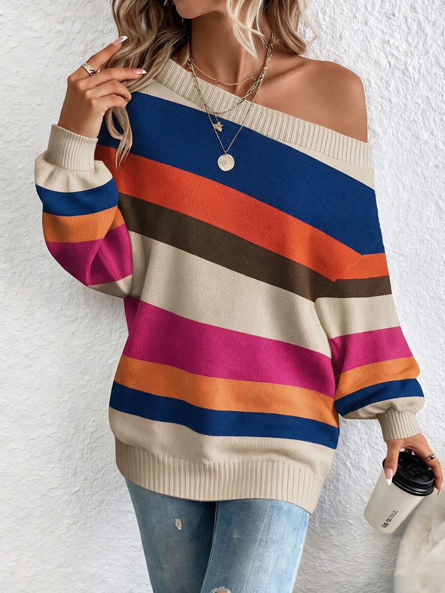 Off Shoulder Sweater Long Sleeve Pullover - Orange and Blue - photo 4