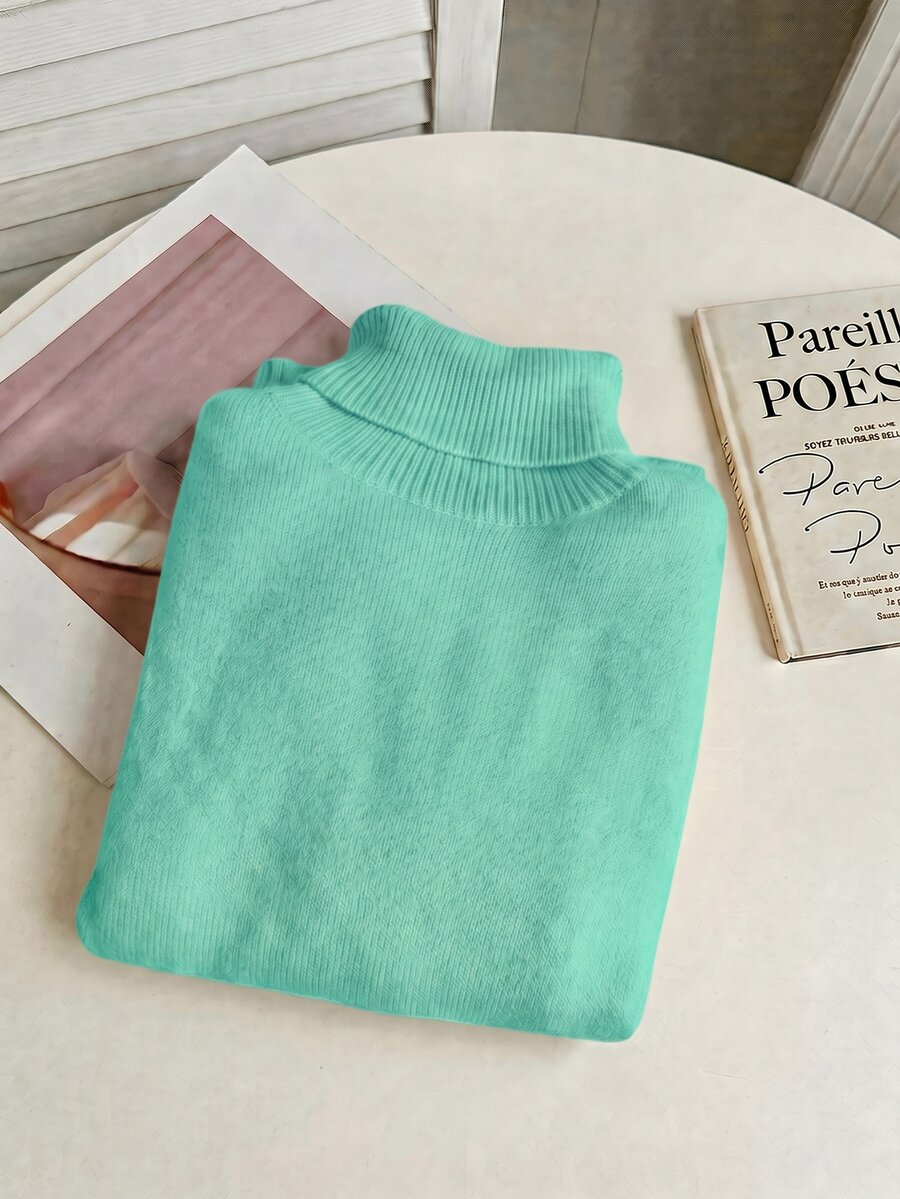 Rib Knit Turtleneck Sweater Long Sleeve Slim Fit - Mint - photo 6