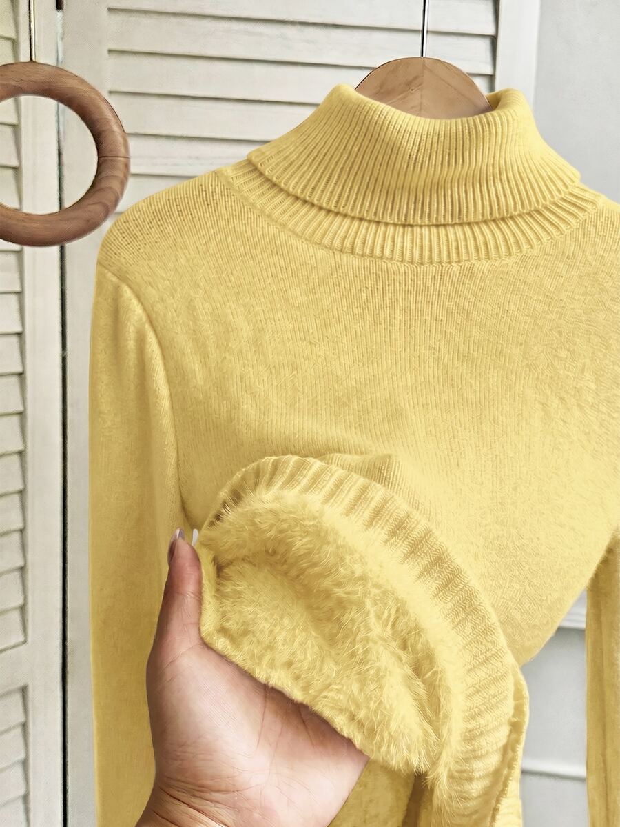 Rib Knit Turtleneck Sweater Long Sleeve Slim Fit - Butter Yellow - photo 8