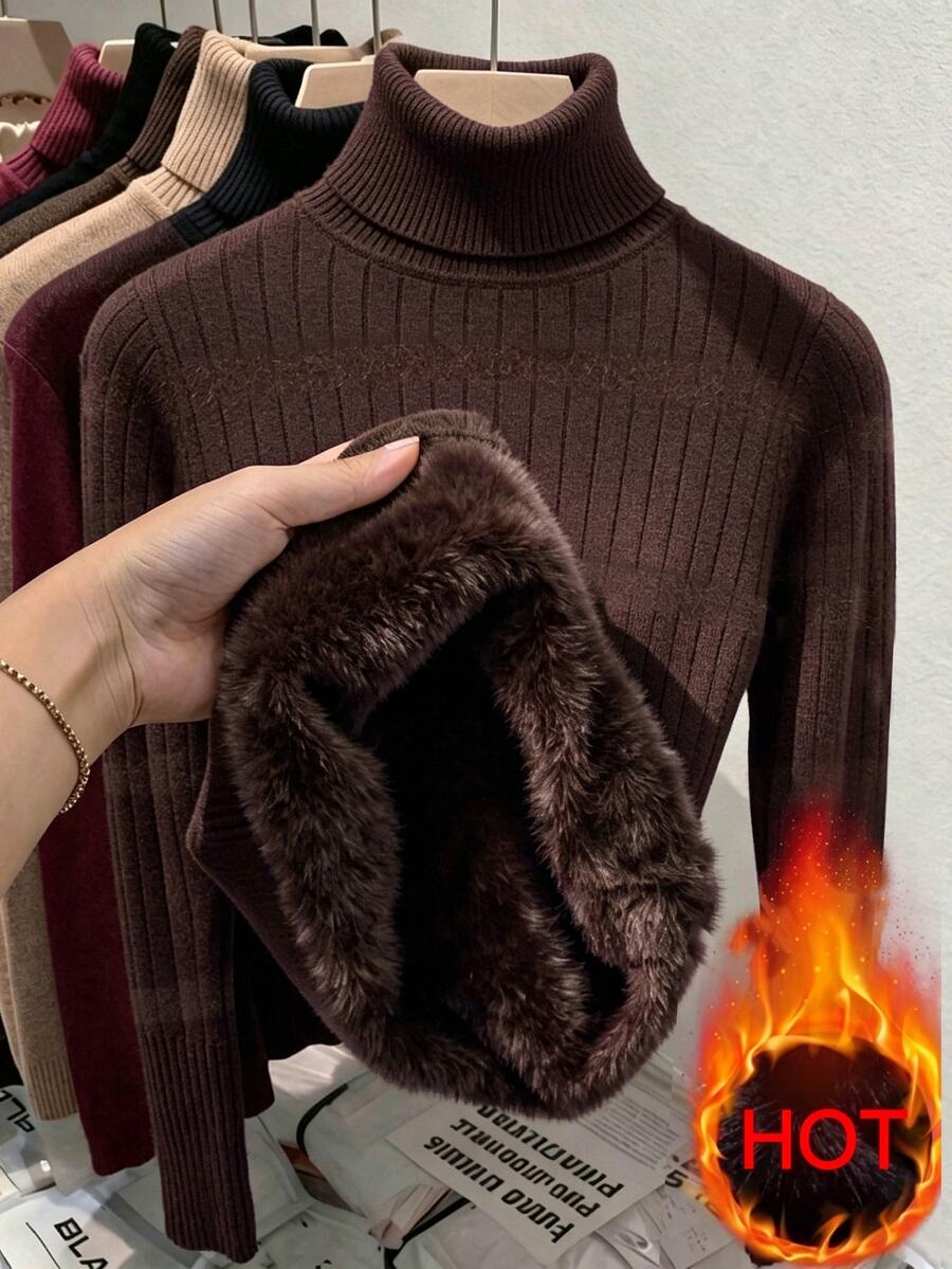 Rib Knit Turtleneck Sweater Long Sleeve Slim Fit - Chocolate