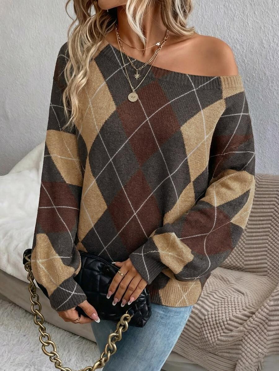 Off Shoulder Sweater Long Sleeve Pullover - Brown and Tan