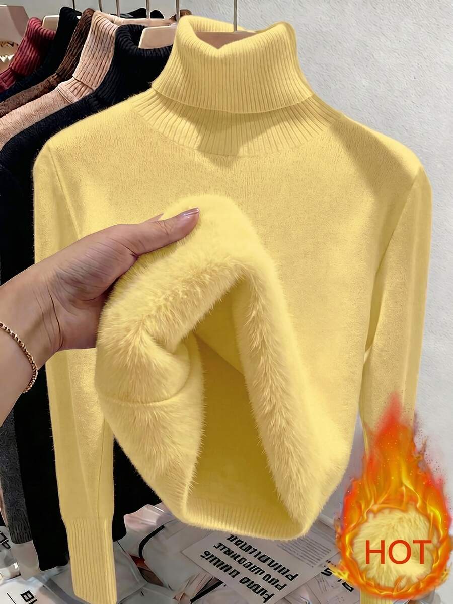 Rib Knit Turtleneck Sweater Long Sleeve Slim Fit - Butter Yellow