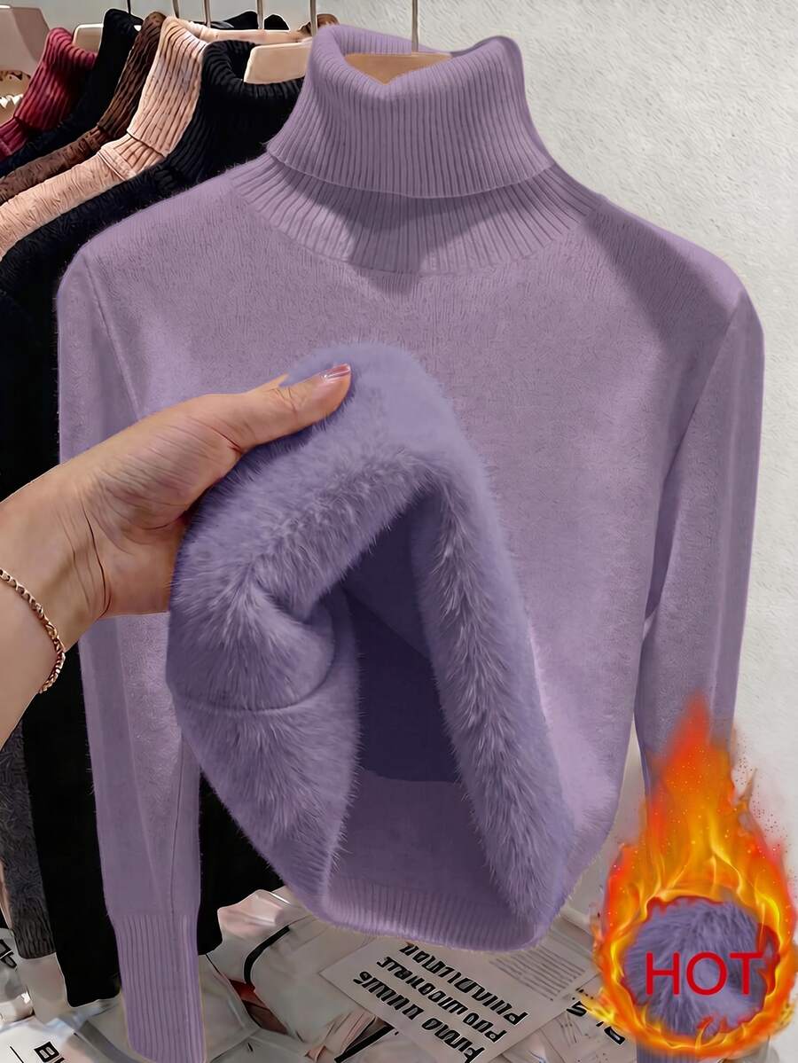 Fleece Lined Turtleneck Sweater Rib Knit Long Sleeve - Lilac