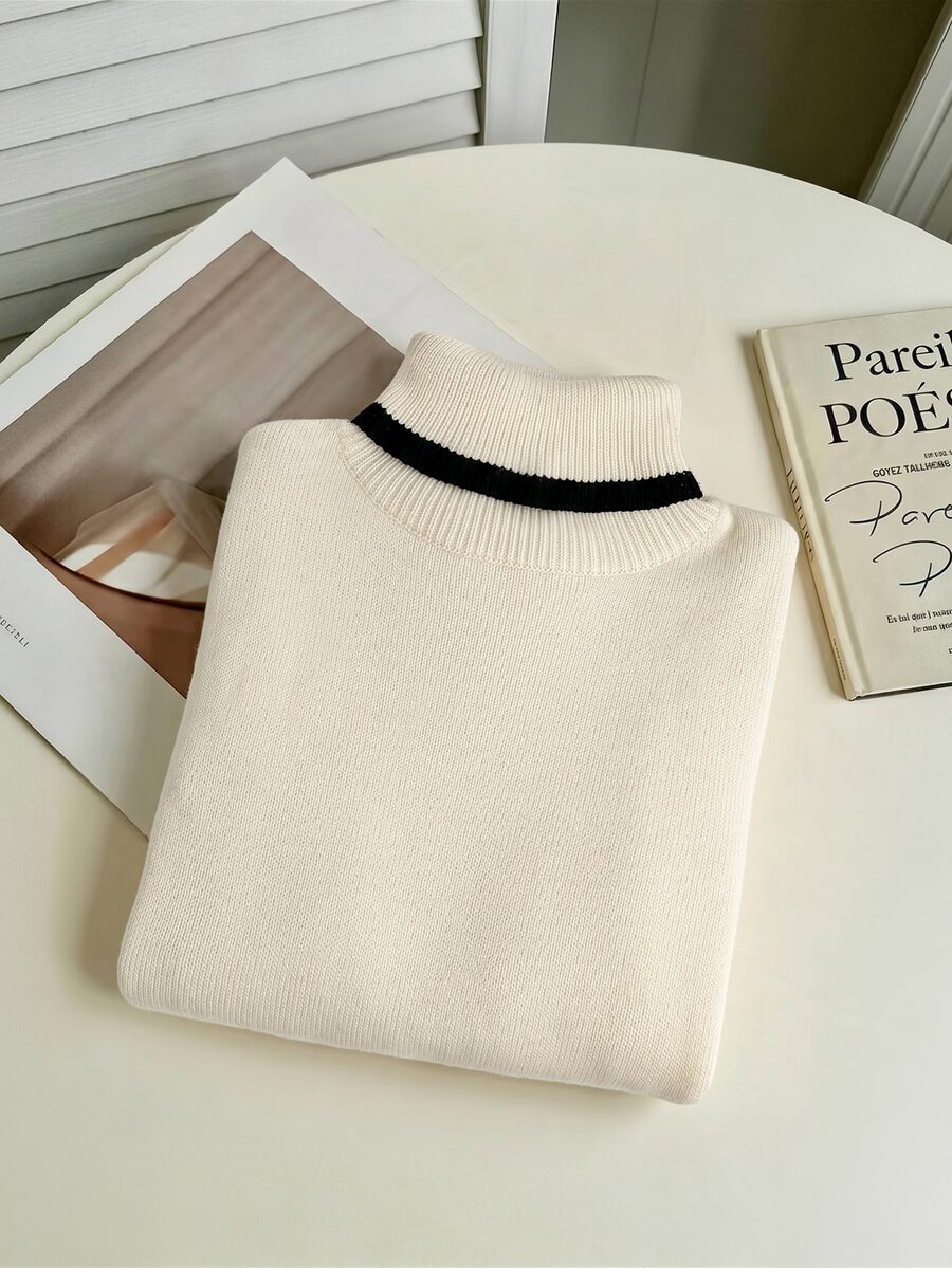 Women's Turtleneck Sweater Long Sleeve Rib Knit Slim Fit - Off White - photo 5