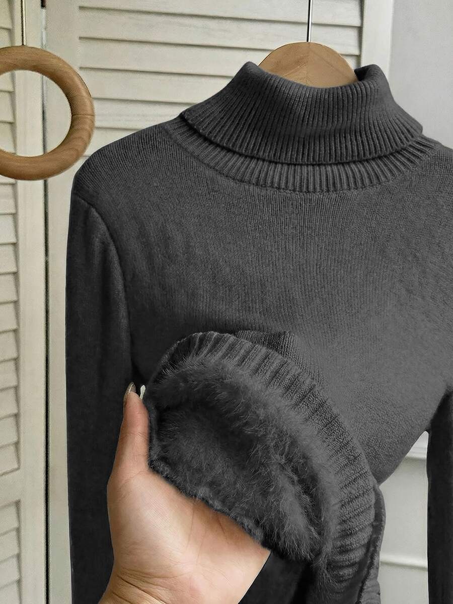 Fleece Lined Turtleneck Sweater Rib Knit Long Sleeve - Dark Gray - photo 4