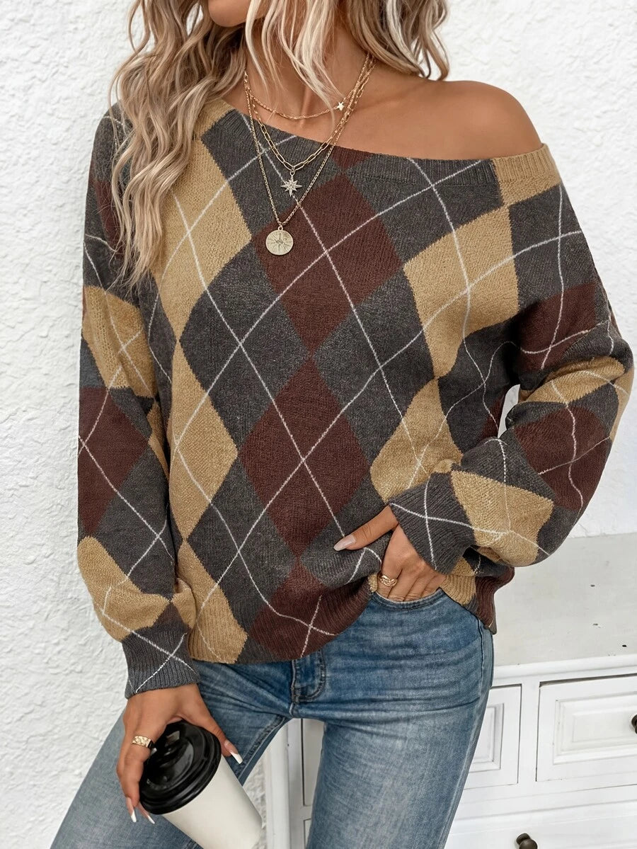 Off Shoulder Sweater Long Sleeve Pullover - Brown and Tan - photo 3