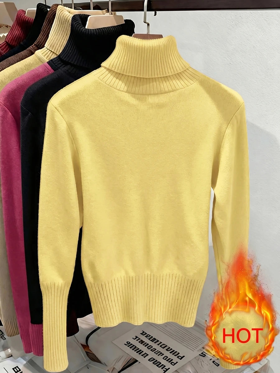 Rib Knit Turtleneck Sweater Long Sleeve Slim Fit - Butter Yellow - photo 2