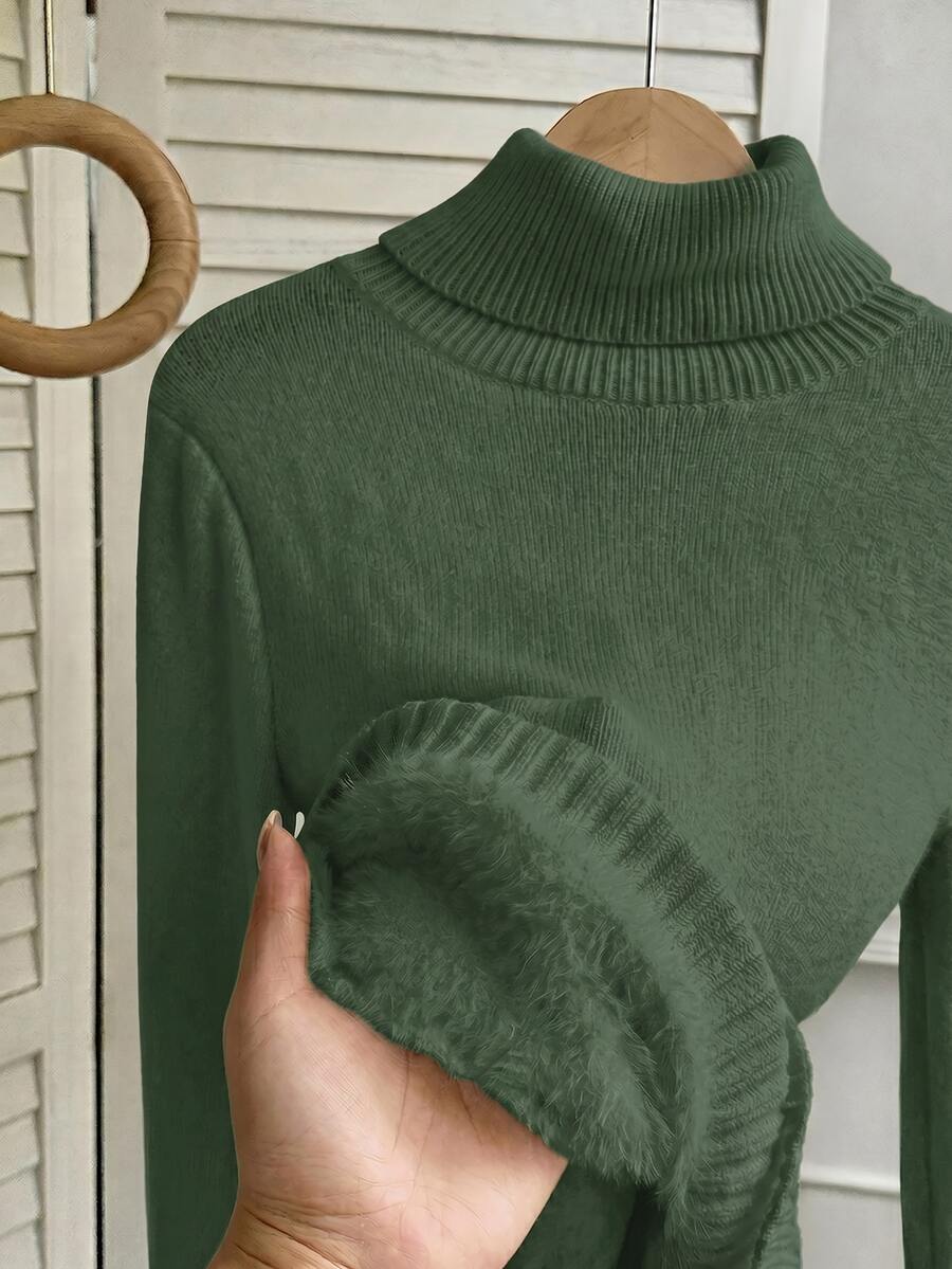 Fleece Lined Turtleneck Sweater Rib Knit Long Sleeve - Green - photo 7