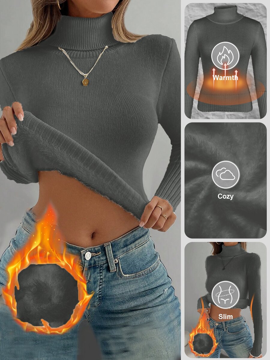 Fleece Lined Turtleneck Sweater Rib Knit Long Sleeve - Dark Gray - photo 8